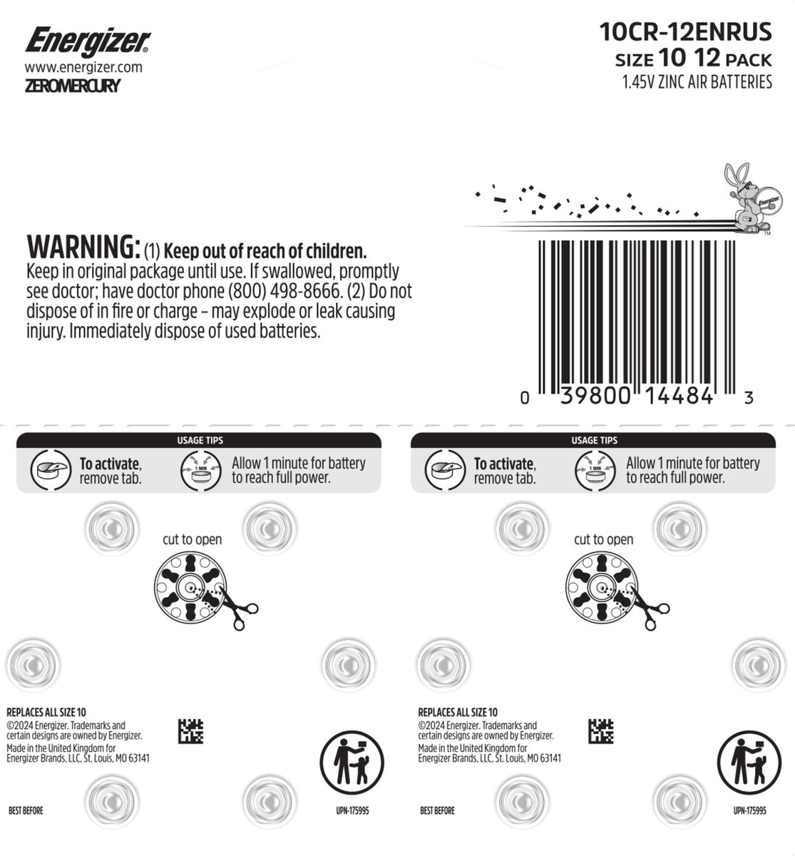 slide 4 of 4, Energizer 1.45V Zinc Air Batteries Size 10 12 ea, 12 ct