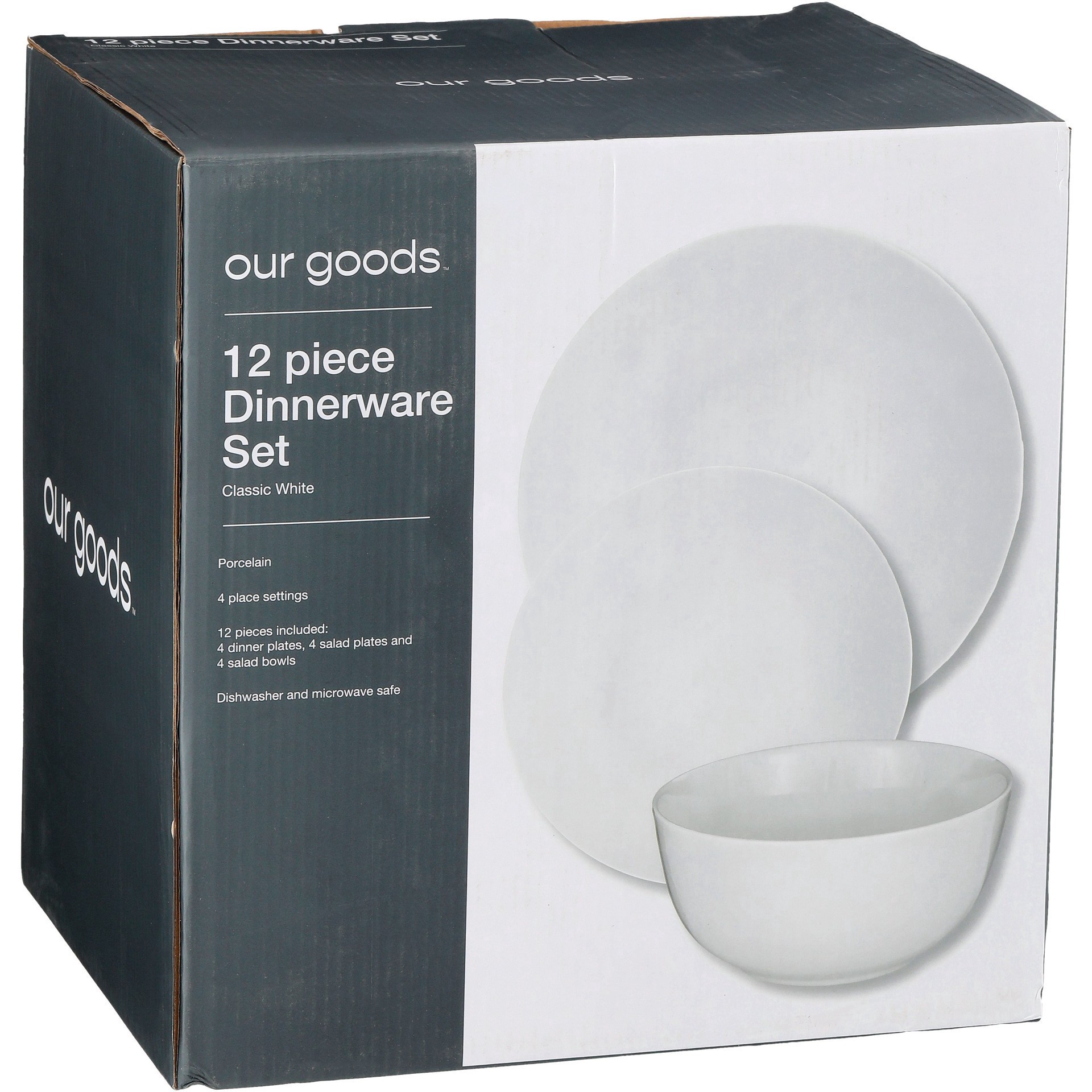 slide 1 of 1, our goods Porcelain Round Dinnerware Set - Classic White, 12 ct