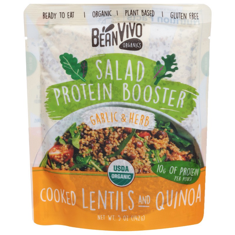 slide 1 of 1, BeanVivo Cooked Lentils & Quinoa, Garlic & Herb, Salad Protein Booster, 5 oz