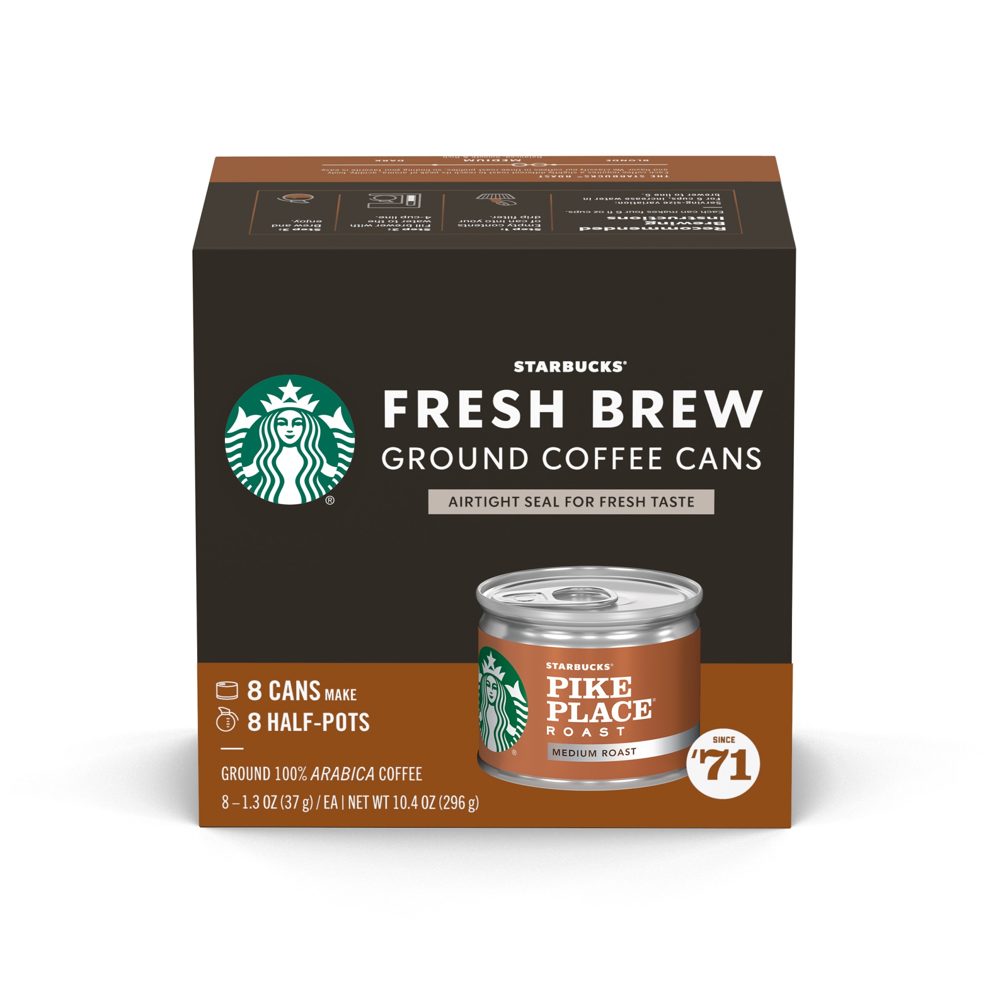 slide 1 of 7, Starbucks Medium Roast Fresh Brew Ground Coffee Cans, Pike Place Roast, 8 ct; 1.3 oz