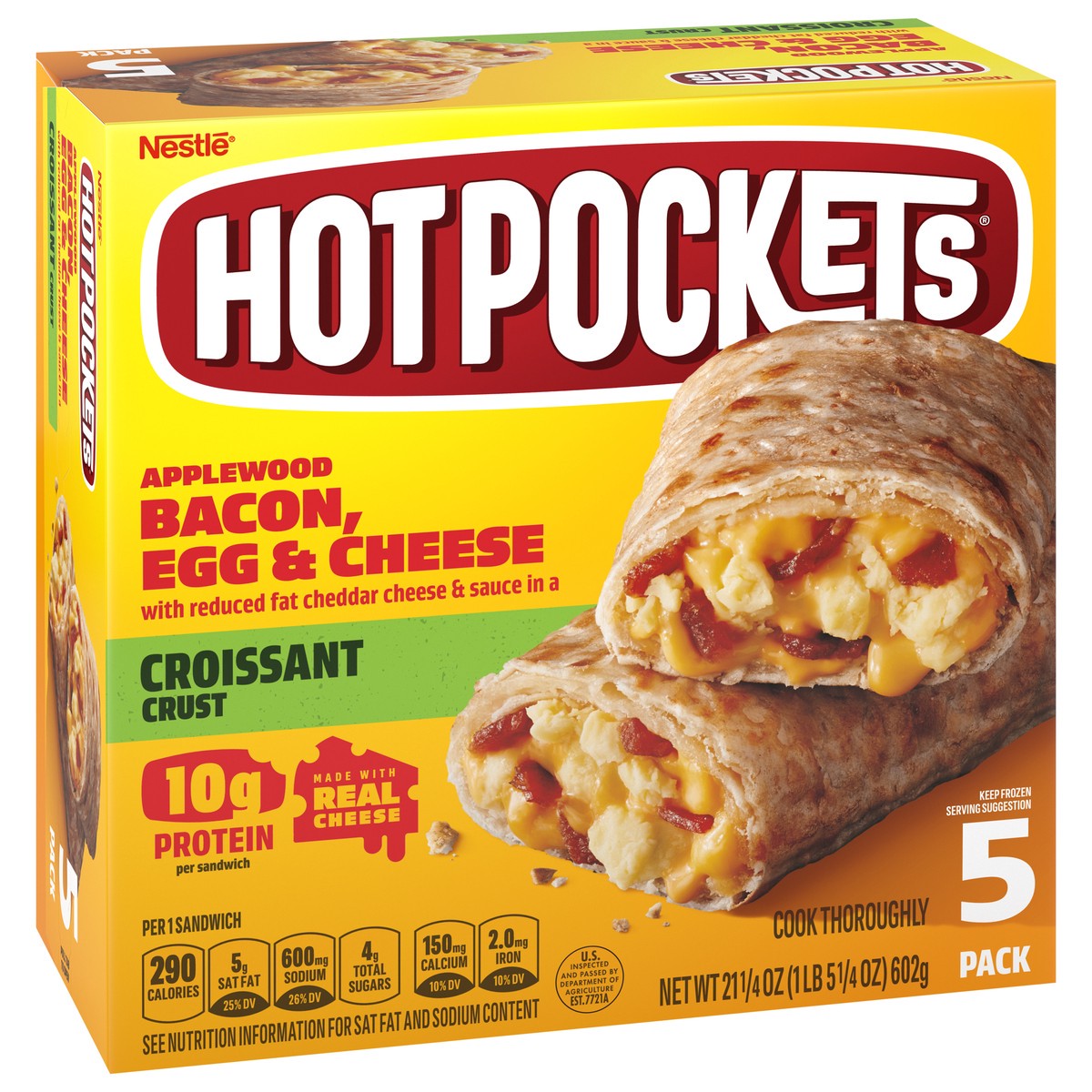 slide 2 of 9, Hot Pockets Applewood Bacon, Egg & Cheese Croissant Crust Frozen Breakfast Sandwiches, Breakfast Hot Pockets Made with Real Reduced Fat Cheddar Cheese, 5 Count, 21.25 oz