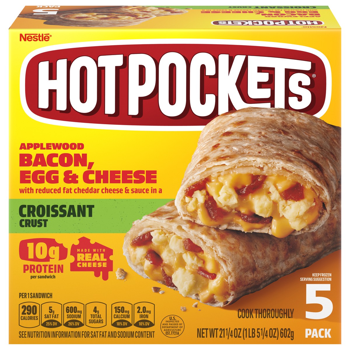 slide 1 of 9, Hot Pockets Applewood Bacon, Egg & Cheese Croissant Crust Frozen Breakfast Sandwiches, Breakfast Hot Pockets Made with Real Reduced Fat Cheddar Cheese, 5 Count, 21.25 oz