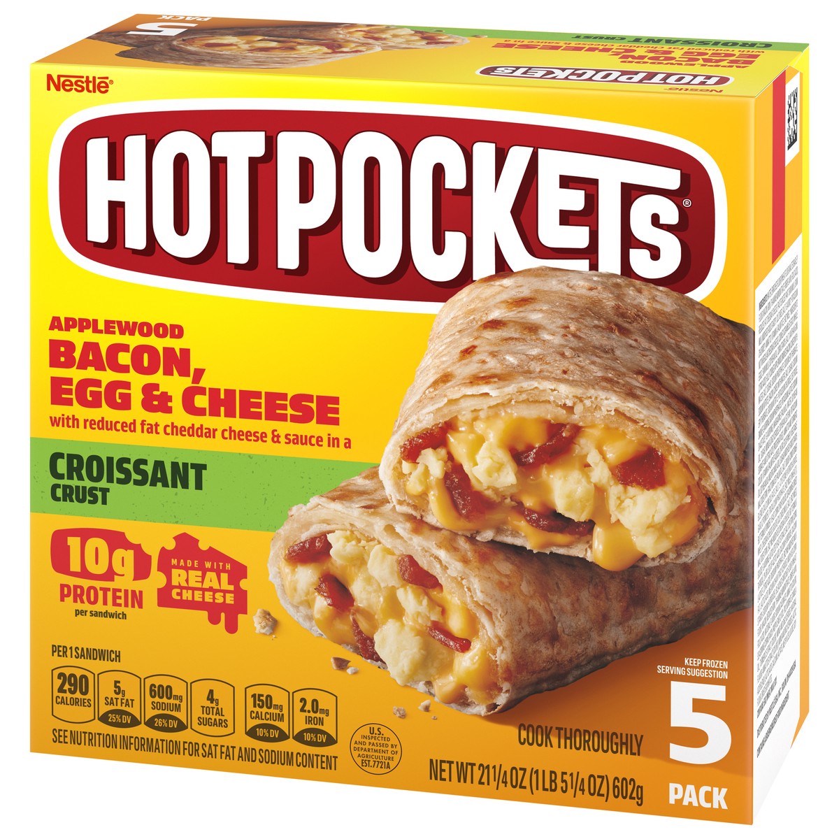 slide 3 of 9, Hot Pockets Applewood Bacon, Egg & Cheese Croissant Crust Frozen Breakfast Sandwiches, Breakfast Hot Pockets Made with Real Reduced Fat Cheddar Cheese, 5 Count, 21.25 oz