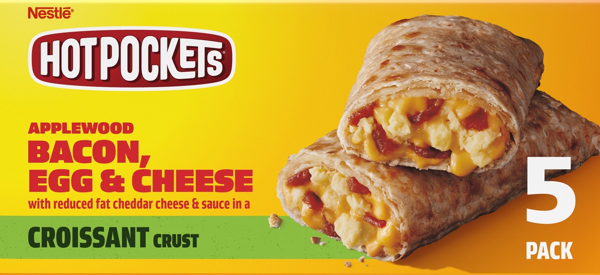 slide 4 of 9, Hot Pockets Applewood Bacon, Egg & Cheese Croissant Crust Frozen Breakfast Sandwiches, Breakfast Hot Pockets Made with Real Reduced Fat Cheddar Cheese, 5 Count, 21.25 oz