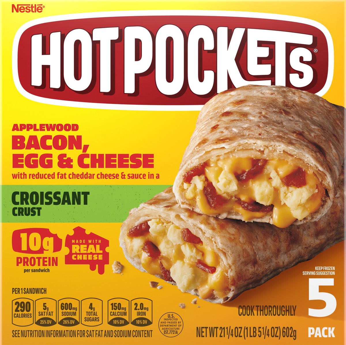 slide 6 of 9, Hot Pockets Applewood Bacon, Egg & Cheese Croissant Crust Frozen Breakfast Sandwiches, Breakfast Hot Pockets Made with Real Reduced Fat Cheddar Cheese, 5 Count, 21.25 oz