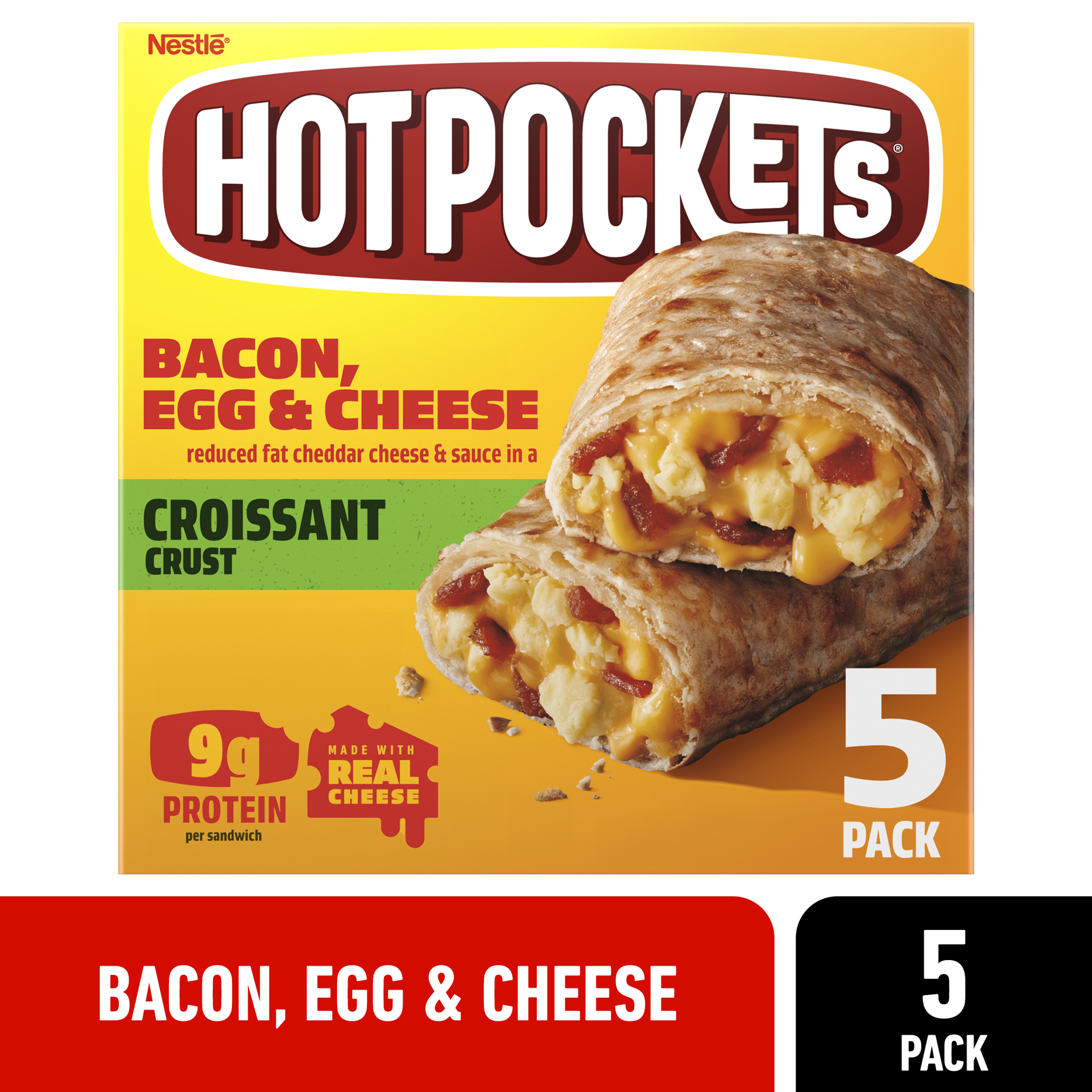 slide 1 of 9, Hot Pockets Applewood Bacon, Egg & Cheese Croissant Crust Frozen Breakfast Sandwiches, Breakfast Hot Pockets Made with Real Reduced Fat Cheddar Cheese, 5 Count, 21.25 oz