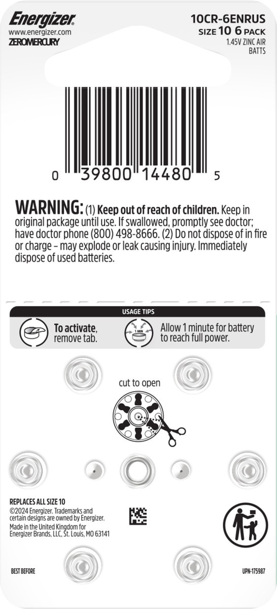 slide 4 of 4, Energizer 1.45V Zinc Air Batteries Size 10 6 ea, 6 ct