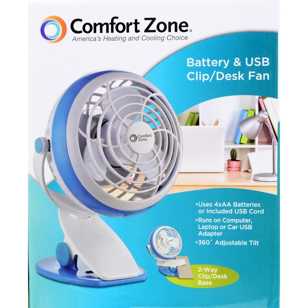 slide 1 of 1, Comfort Zone Battery & Usb Desk Clip Fan - Assorted, 4 in