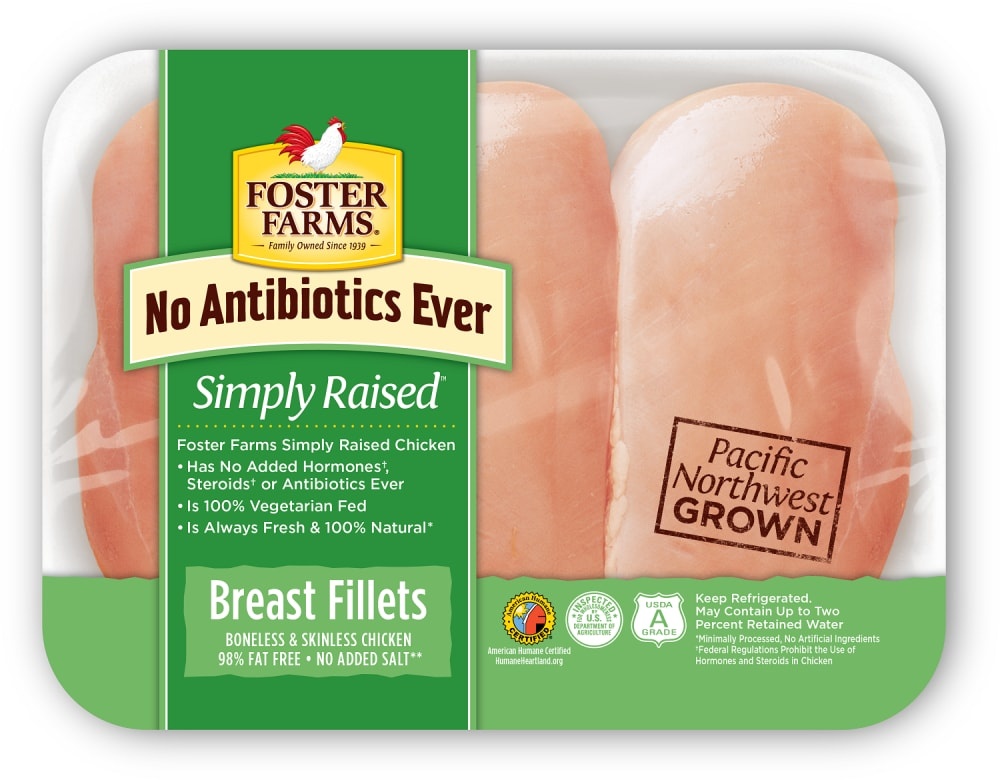 slide 1 of 1, Foster Farms Simply Raised Boneless & Skinless Chicken Breast Fillets, per lb