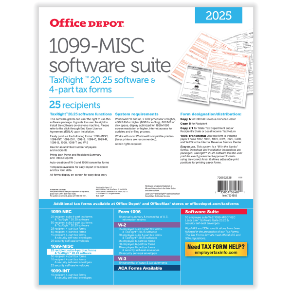 slide 2 of 4, Office Depot® 1099-MISC Laser Tax Forms With Software, 4-Part, 2-Up, 8-1/2"" x 11"", Pack Of 25 Form Sets, 1 ct