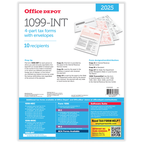 slide 3 of 3, Office Depot® 1099-INT Laser Tax Forms With Envelopes, 4-Part, 2-Up, 8-1/2"" x 11"", Pack Of 10 Form Sets, 1 ct