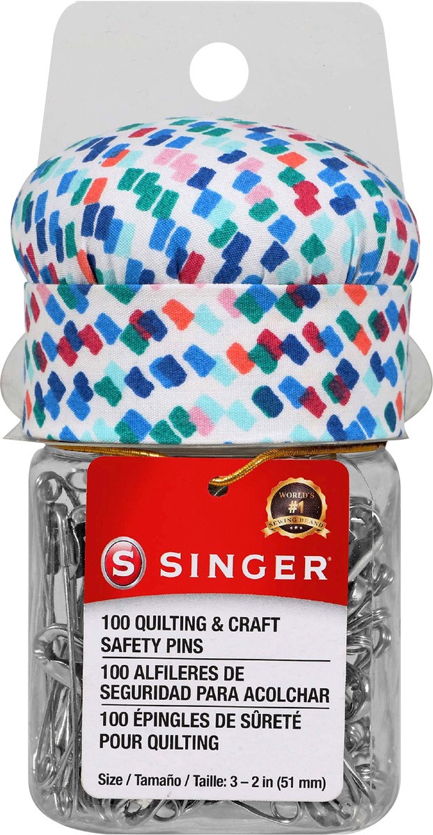 slide 2 of 6, SINGER Quilting Safety Pins with Pin Cushion Top and Reusable Jar , Size 3, 100 Count, 100 ct