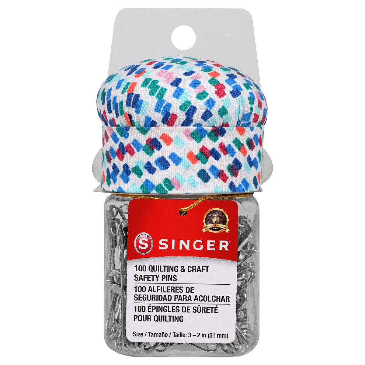 slide 4 of 6, SINGER Quilting Safety Pins with Pin Cushion Top and Reusable Jar , Size 3, 100 Count, 100 ct