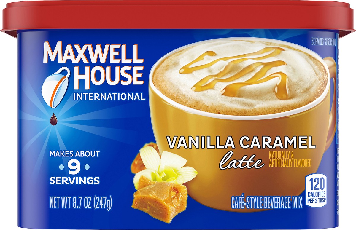 slide 4 of 9, Maxwell House International Vanilla Caramel Latte Café-Style Instant Coffee Beverage Mix, 8.7 oz. Canister, 8.7 oz