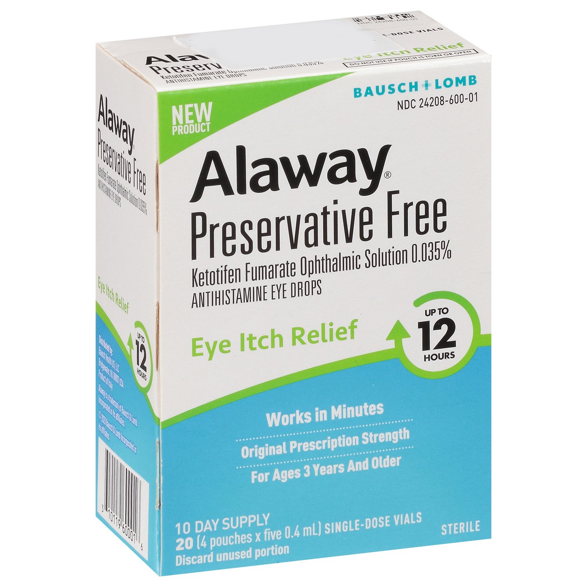 slide 6 of 9, Alaway Preservative Free Original Prescription Strength Eye Itch Relief 20 Vials Box, 10 ml