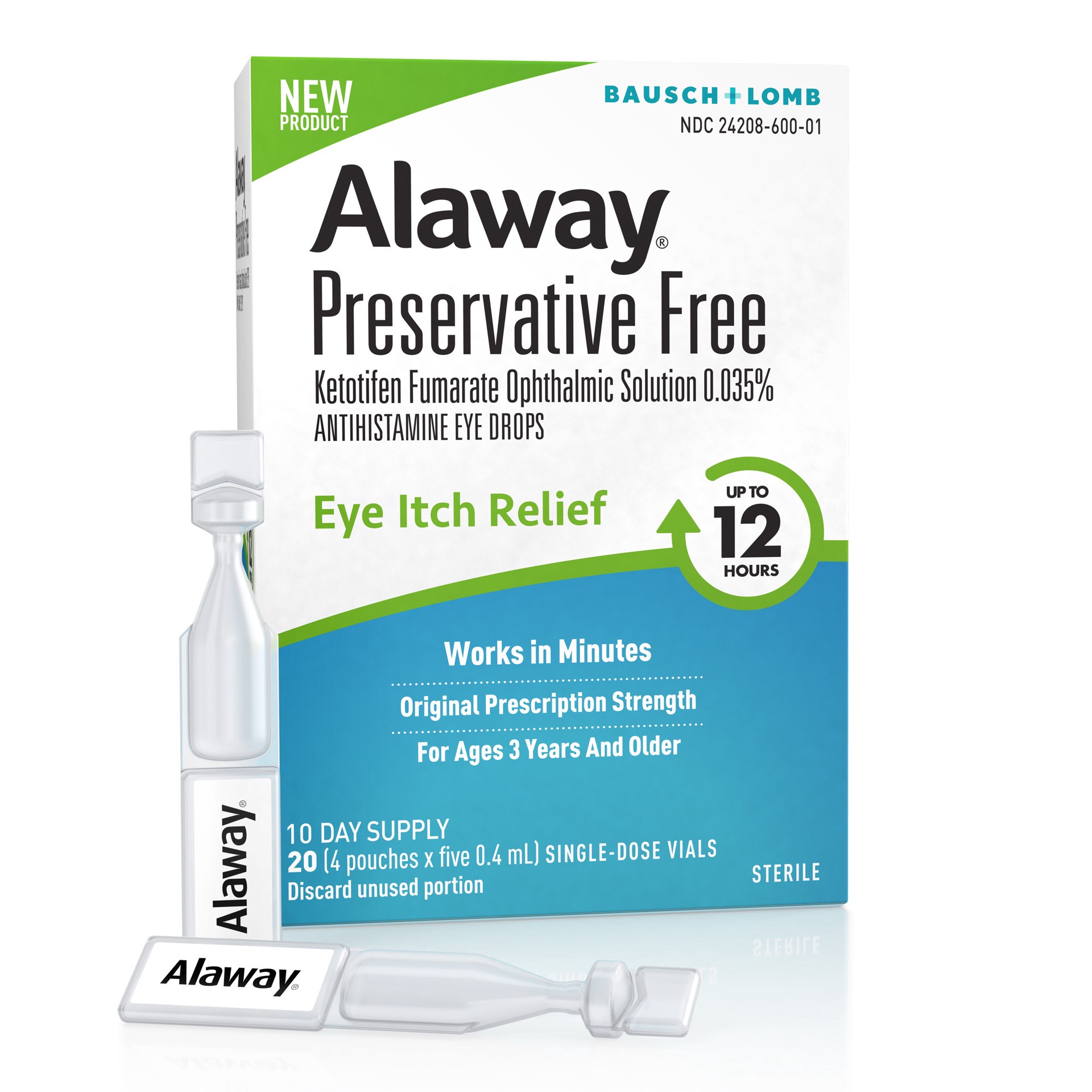 slide 1 of 9, Alaway PF Alaway Eye Drops, Preservative Free Antihistamine Eye Drops for up to 12 Hours of Eye Itch Relief, 20 Single-Dose Vials, 10 ml