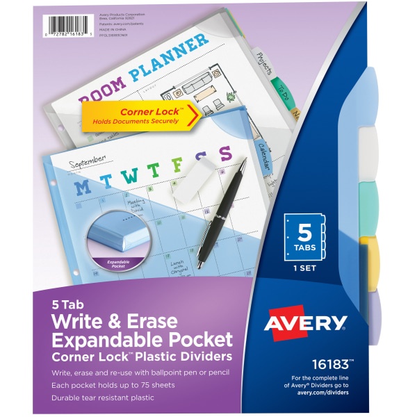 slide 1 of 6, Avery Corner Lock Write & Erase Plastic Dividers With Expandable Pockets, 9-1/4'' X 11-1/4'', Multicolor, Set Of 5 Tabs, 1 ct