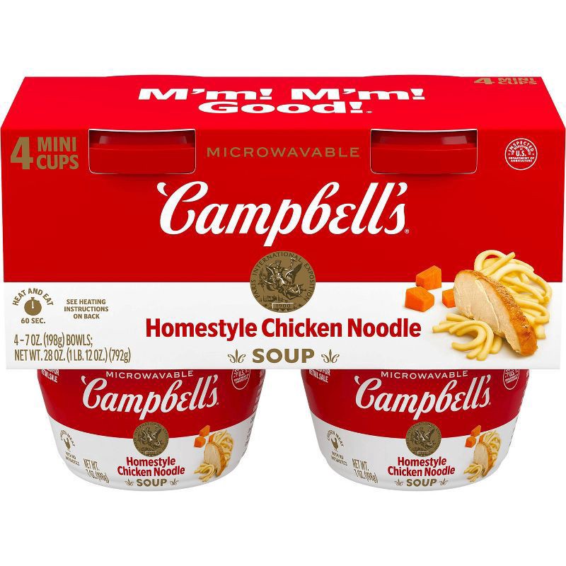 slide 1 of 8, Campbell's Homestyle Chicken Noodle Soup, 7 oz Microwavable Bowl (Pack of 4), 28 oz