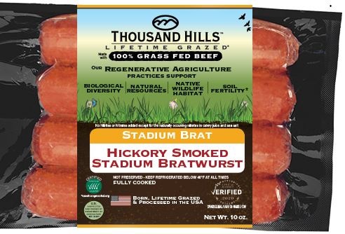 slide 1 of 1, Thousand Hills Stadium Brat Hickory Smoked, 10 oz