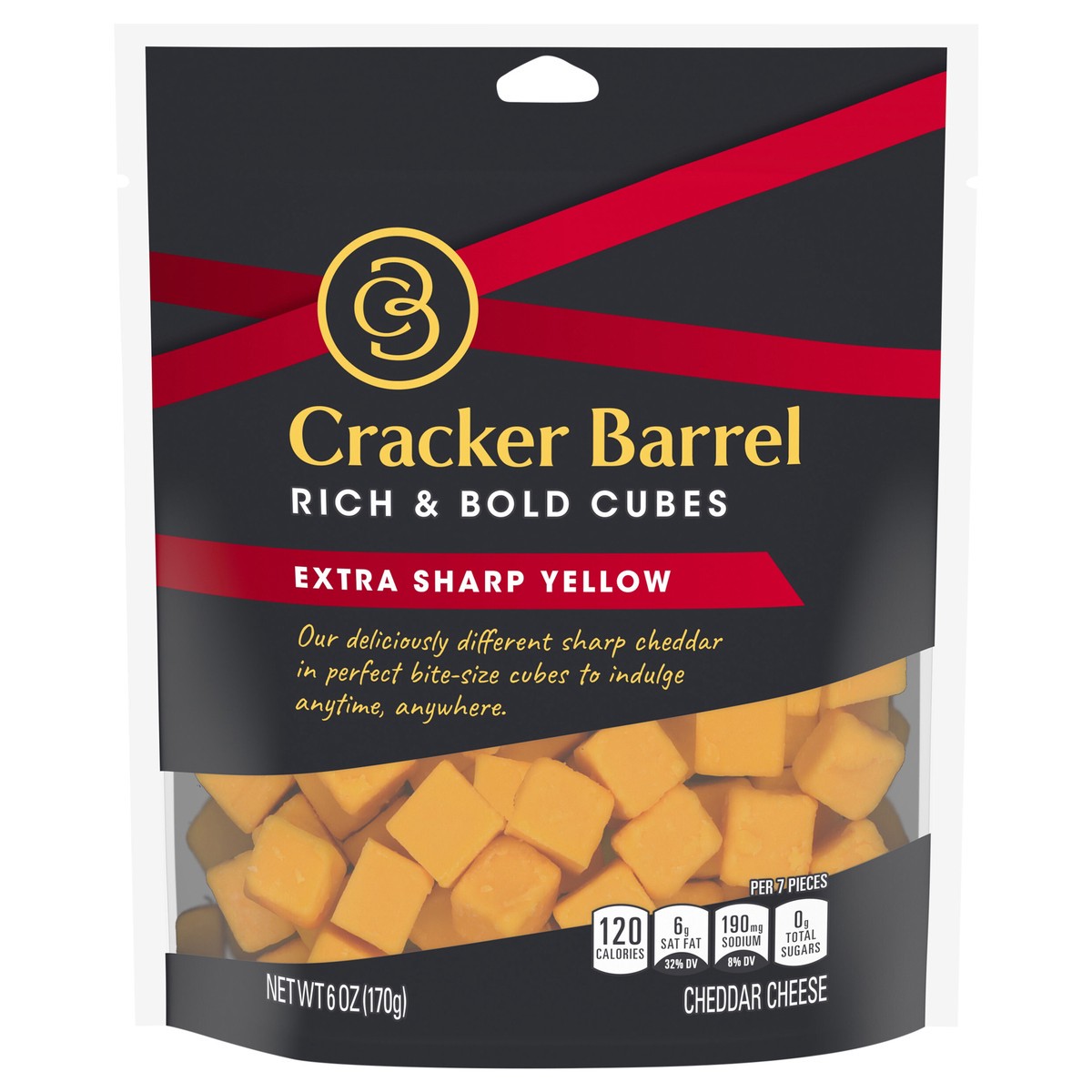 slide 1 of 5, Cracker Barrel Rich & Bold Extra Sharp Yellow Cheddar Cheese Cubes, 6 oz Bag, 6 oz