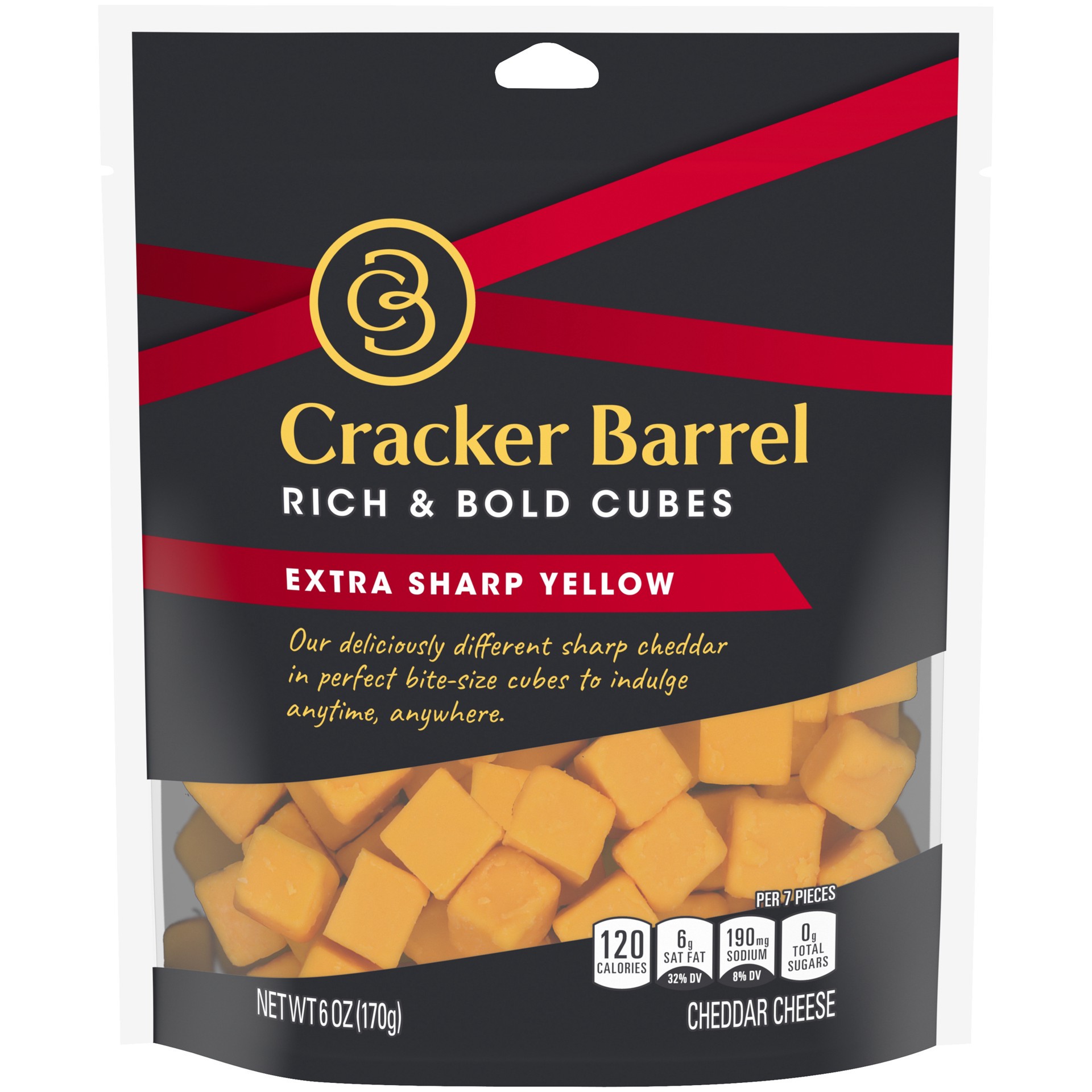 slide 1 of 6, Cracker Barrel Rich & Bold Extra Sharp Yellow Cheddar Cheese Cubes, 6 oz Bag, 6 oz