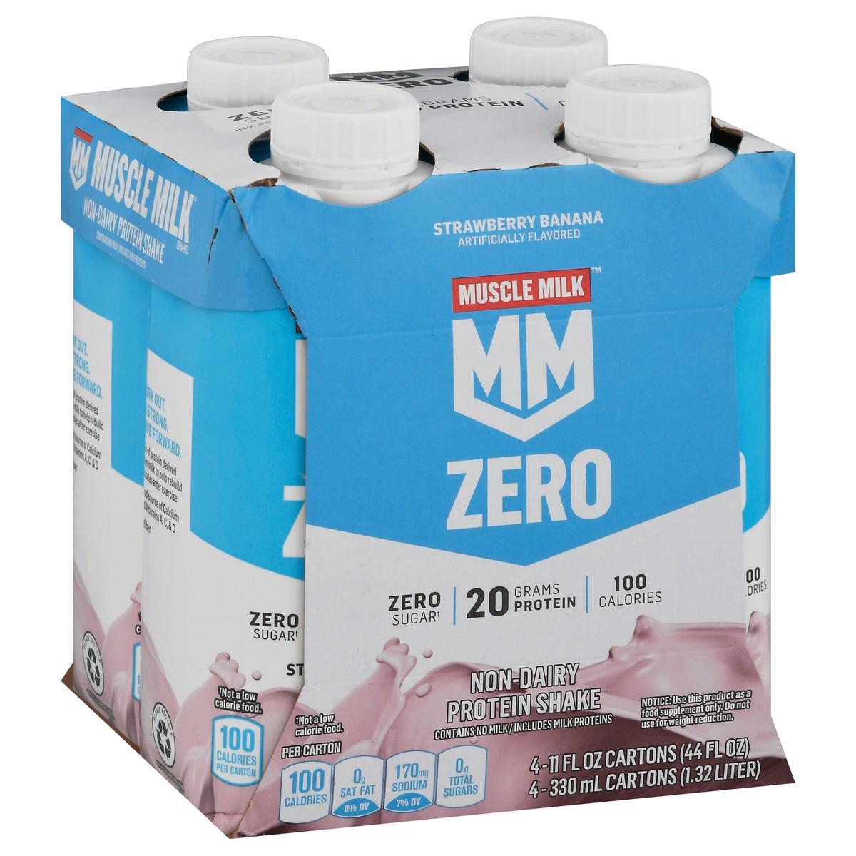 slide 11 of 14, Muscle Milk Zero Non-Dairy Strawberry Banana Protein Shake 4 - 11 fl oz Cartons, 4 ct