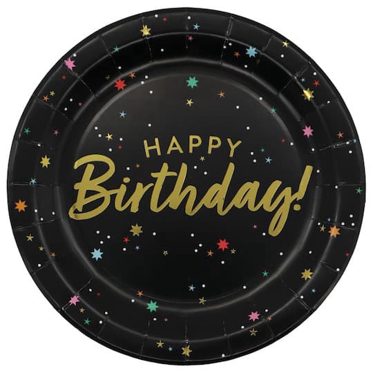 slide 1 of 2, 9" Black & Gold Starry Happy Birthday Paper Plates, 8ct. By Celebrate It, 8 ct