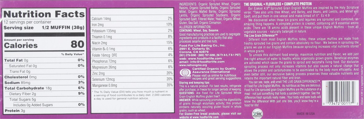 slide 2 of 9, Food for Life Flourless Sprouted Whole Grain Fork-Split Cinnamon Raisin English Muffins 6 Each, 6 ct