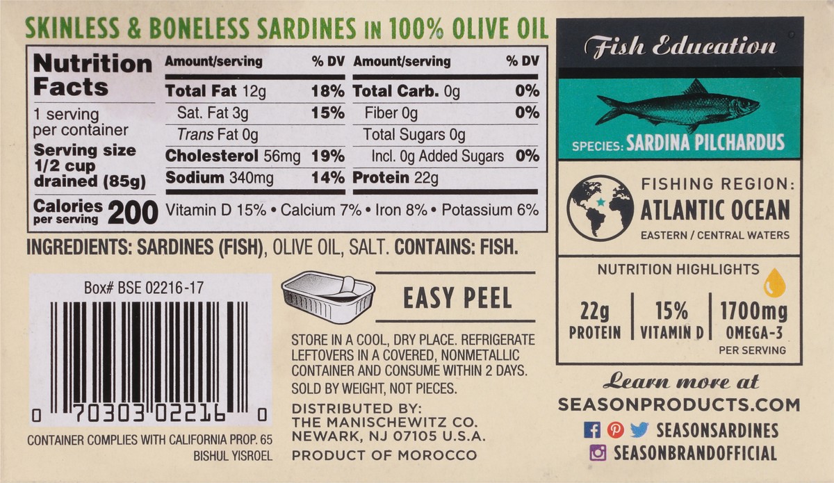 slide 2 of 9, Season Brand Skinless & Boneless Sardines in 100% Olive Oil 4.375 oz, 4.375 oz