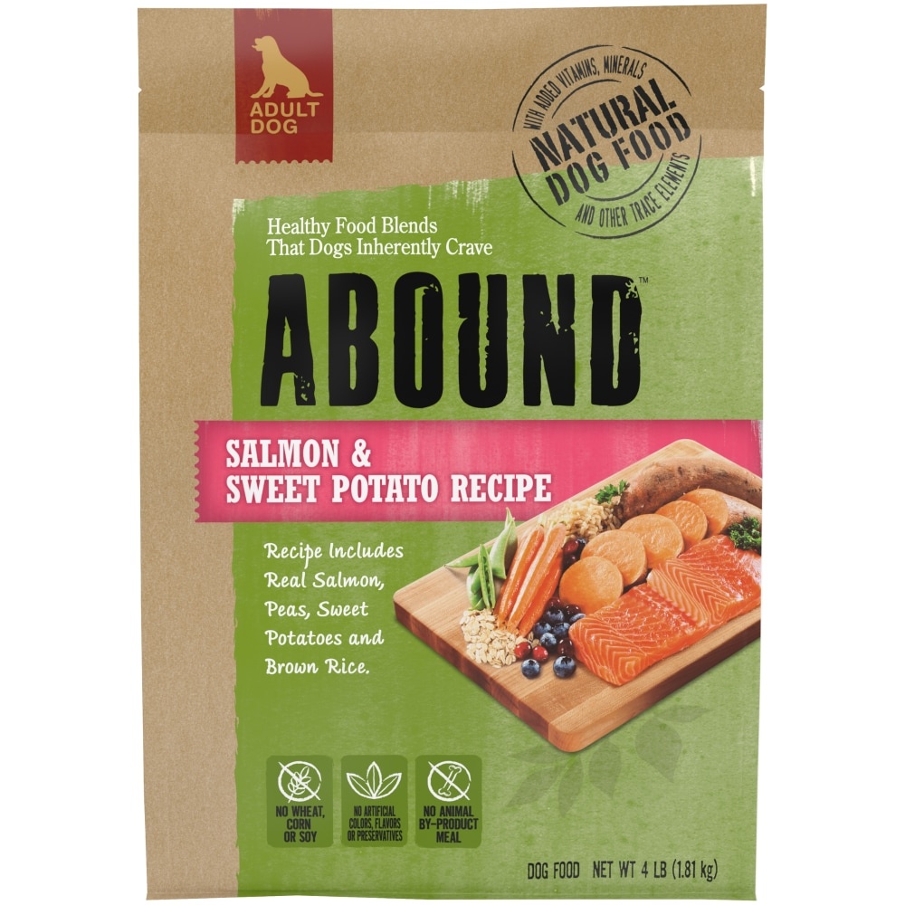 slide 1 of 1, Abound Salmon Sweet Potato Recipe Dog Food, 4 lb
