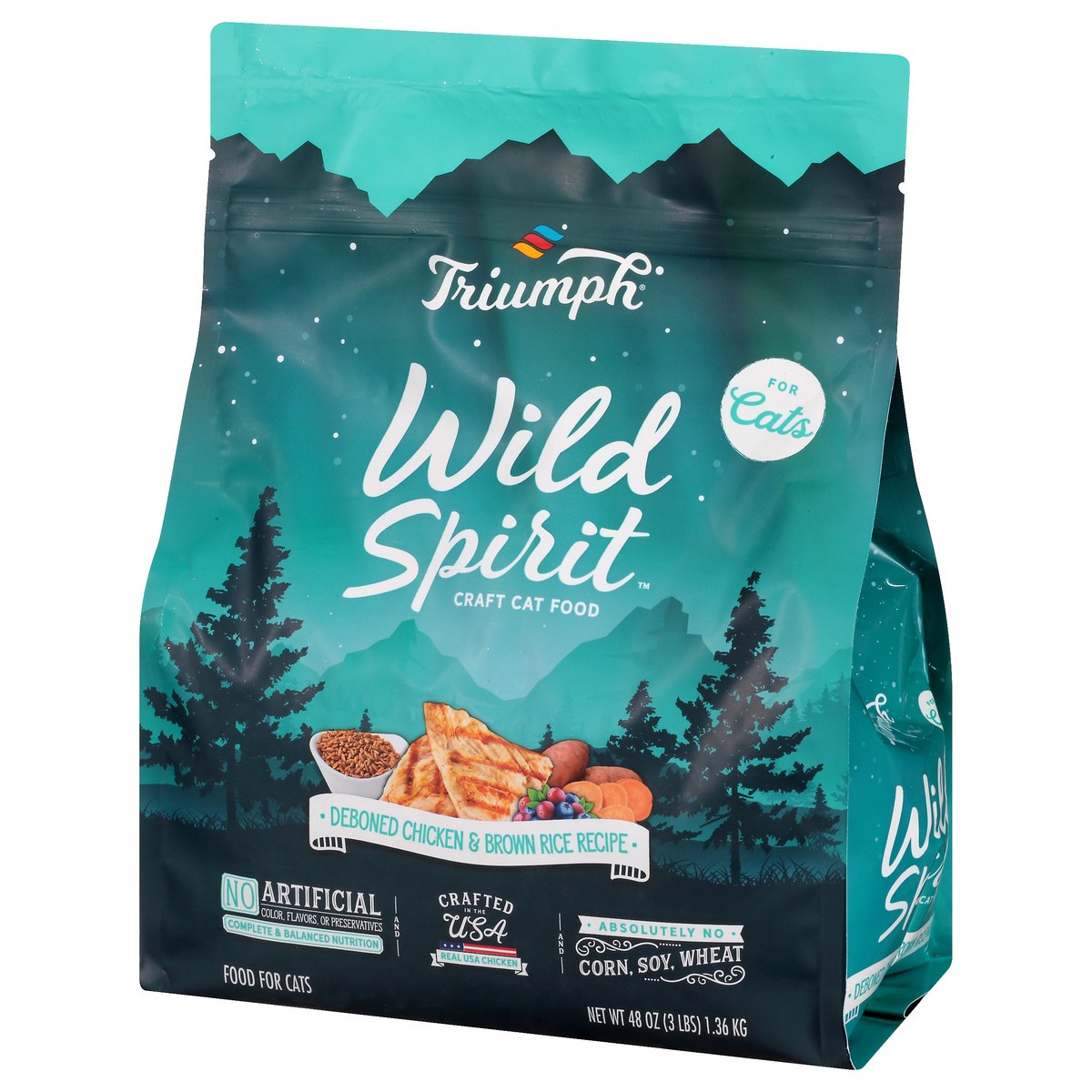 slide 5 of 10, Triumph Wild Spirit Deboned Chicken & Brown Rice Recipe Cat Food 48 oz, 48 oz