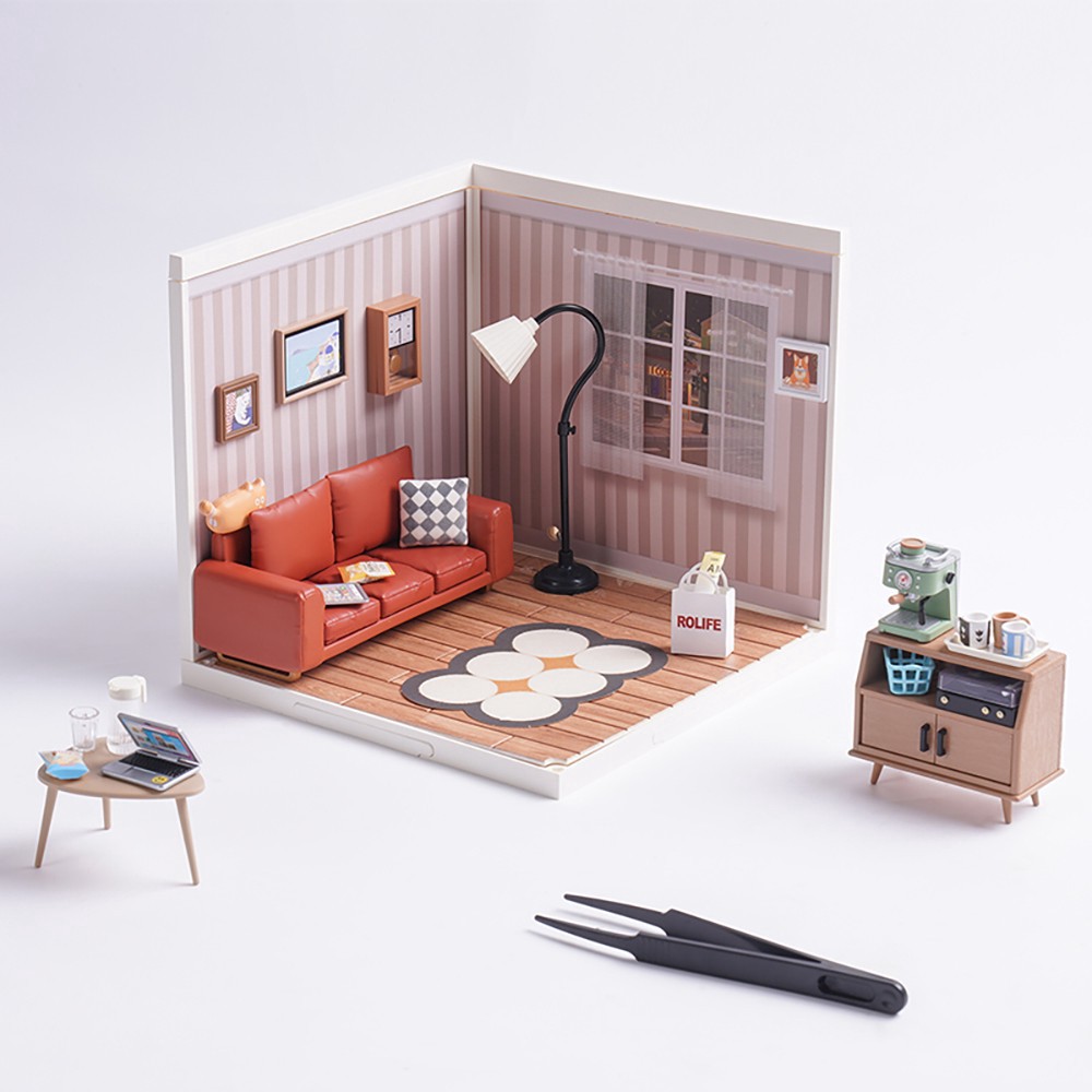 slide 4 of 8, Robotime Rolife Super Creator Cozy Living Lounge Diy Miniature Kit, 5.98 in x 6.93 in x 6.42 in