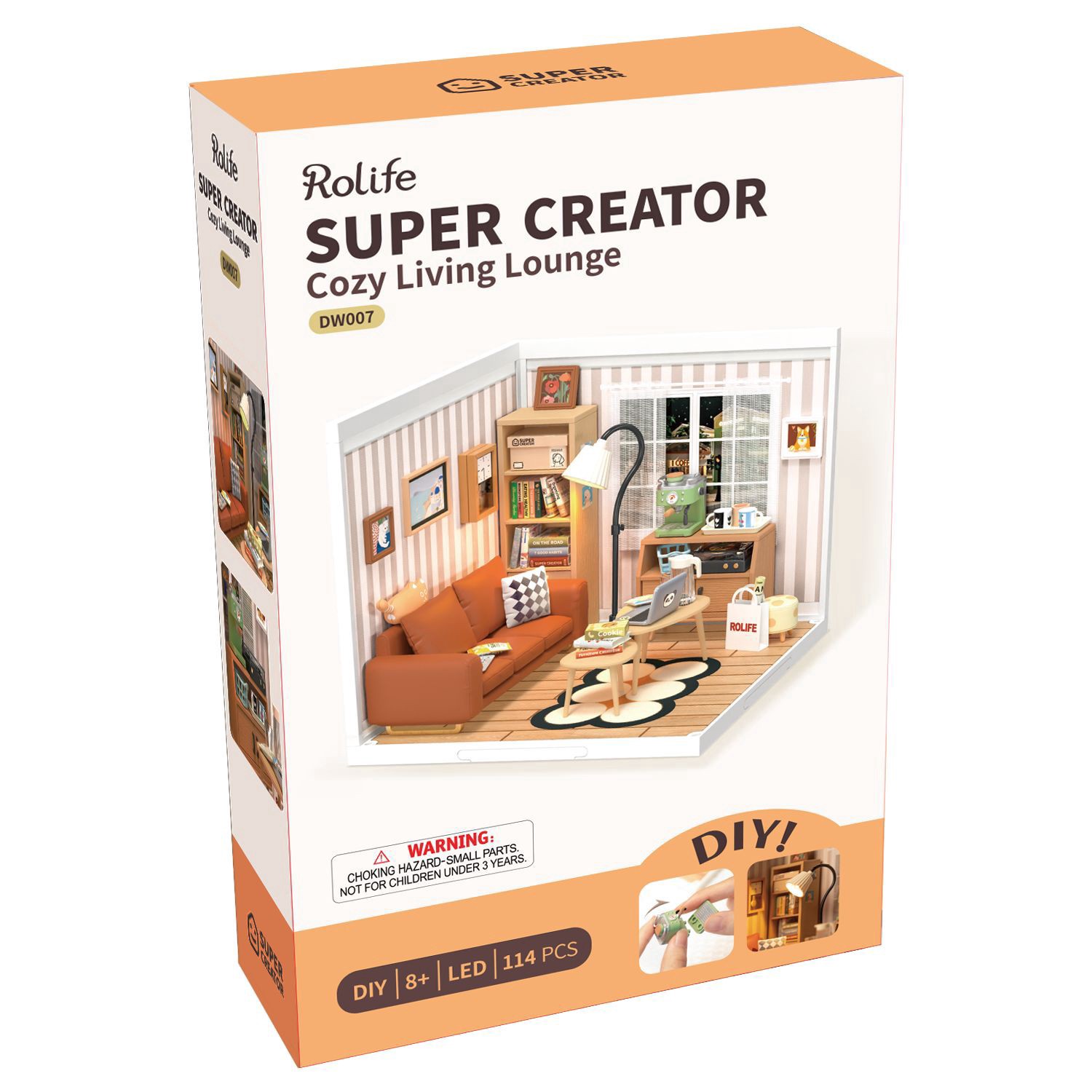 slide 7 of 8, Robotime Rolife Super Creator Cozy Living Lounge Diy Miniature Kit, 5.98 in x 6.93 in x 6.42 in