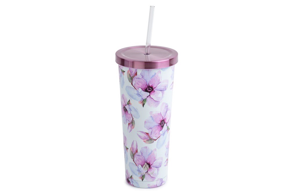 slide 3 of 3, Manna Organics Chilly Tumbler Purple Flowers, 24 oz