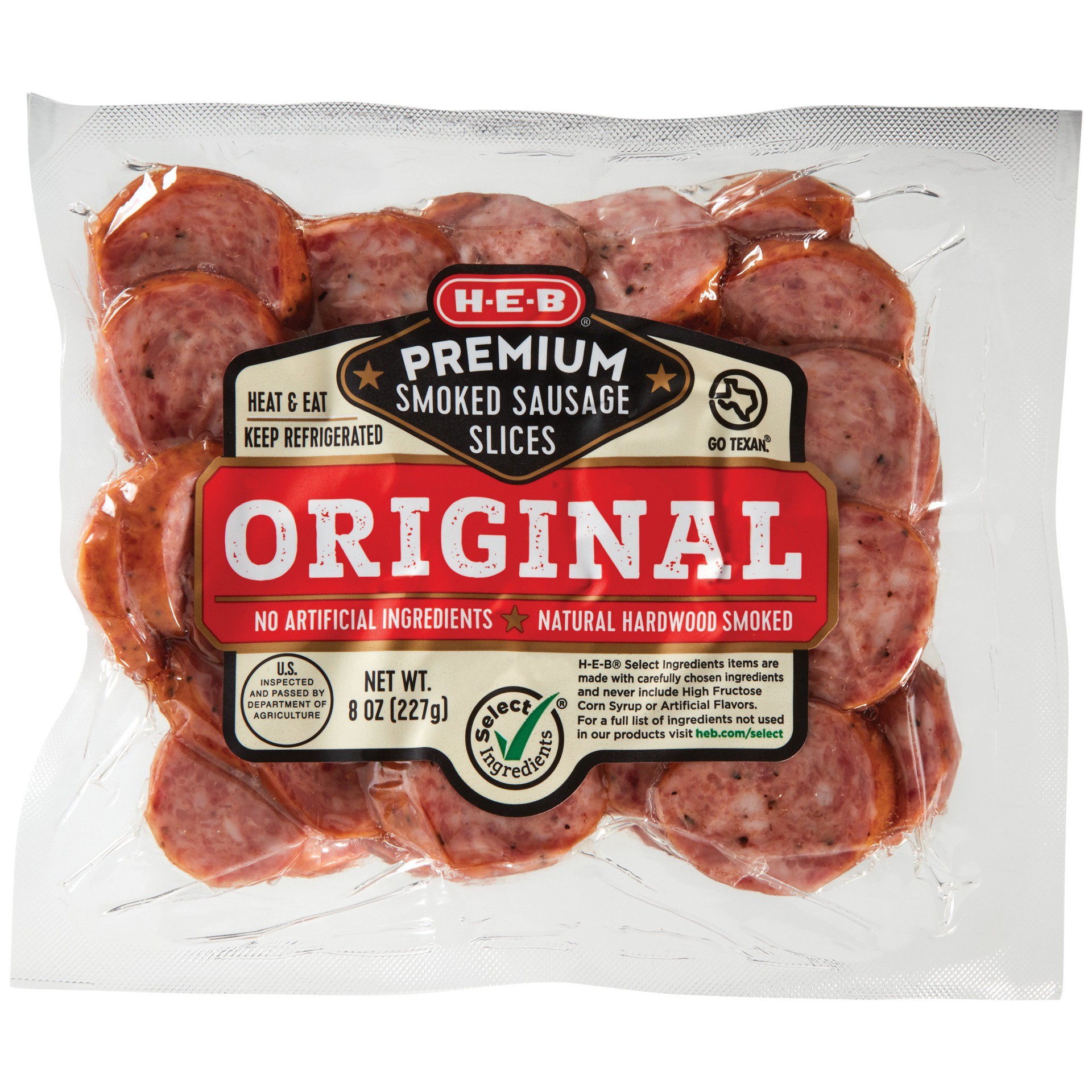 slide 1 of 1, H-E-B Premium Original Smoked Sausage Slices, 8 oz