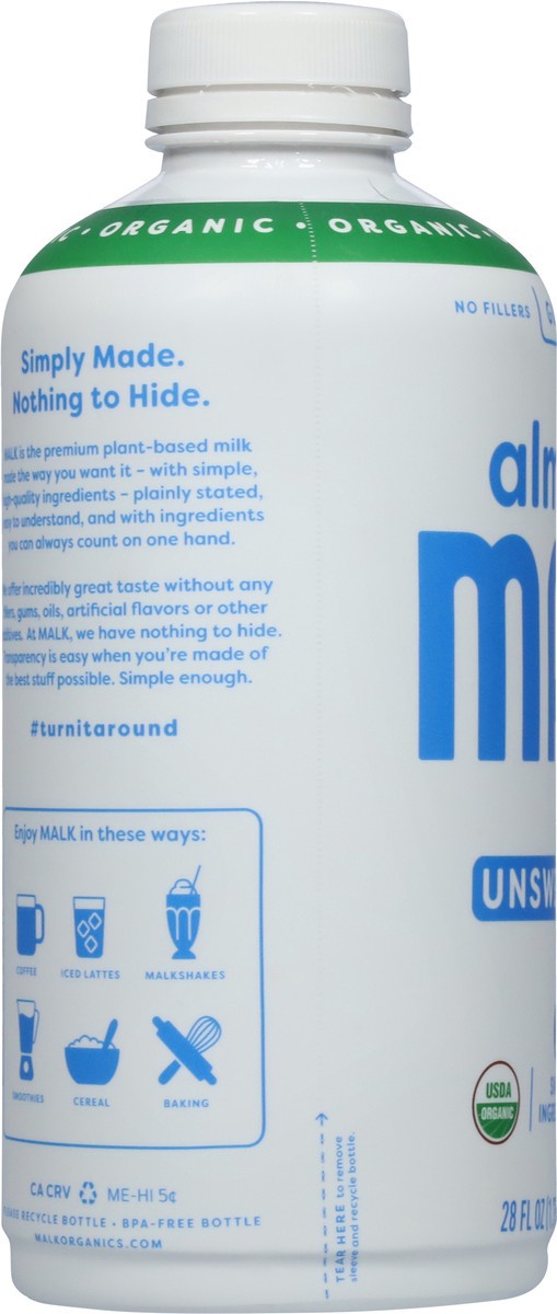 slide 4 of 11, MALK Unsweetened Almond, 28 fl oz