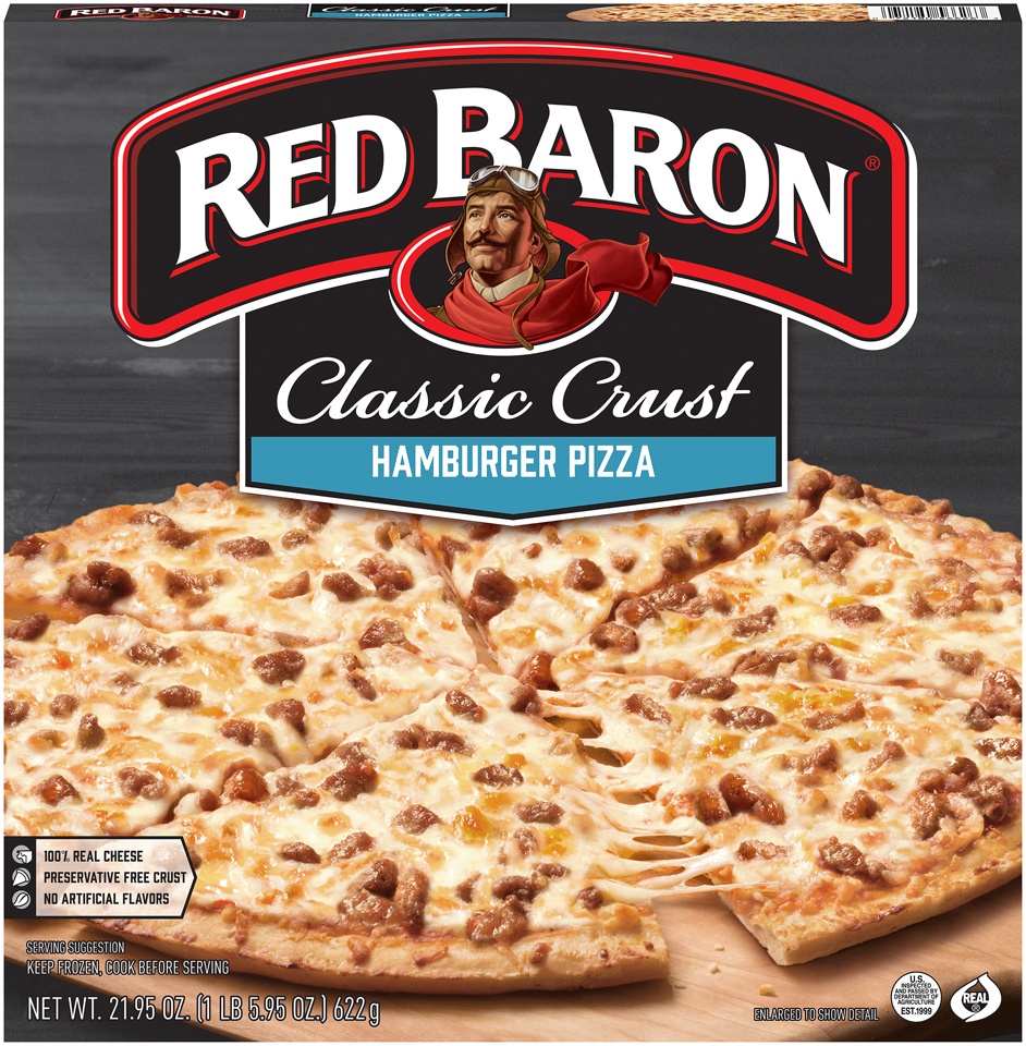 slide 1 of 9, Red Baron Classic Crust Hamburger Pizza, 21.95 oz