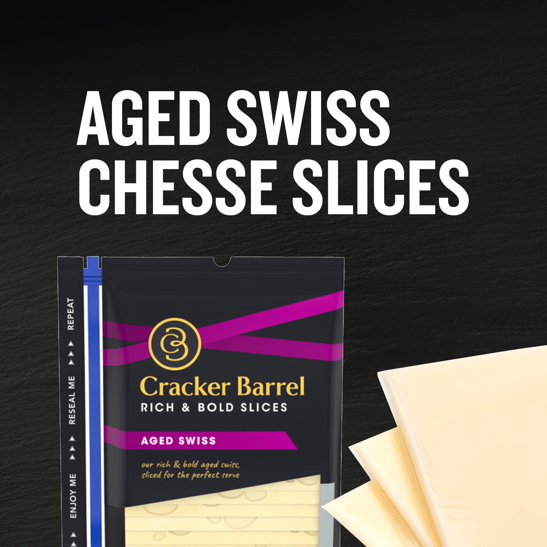 slide 3 of 9, Cracker Barrel Aged Swiss Cheese Slices, 12 ct - 7.0 oz Zip Pak, 12 ct