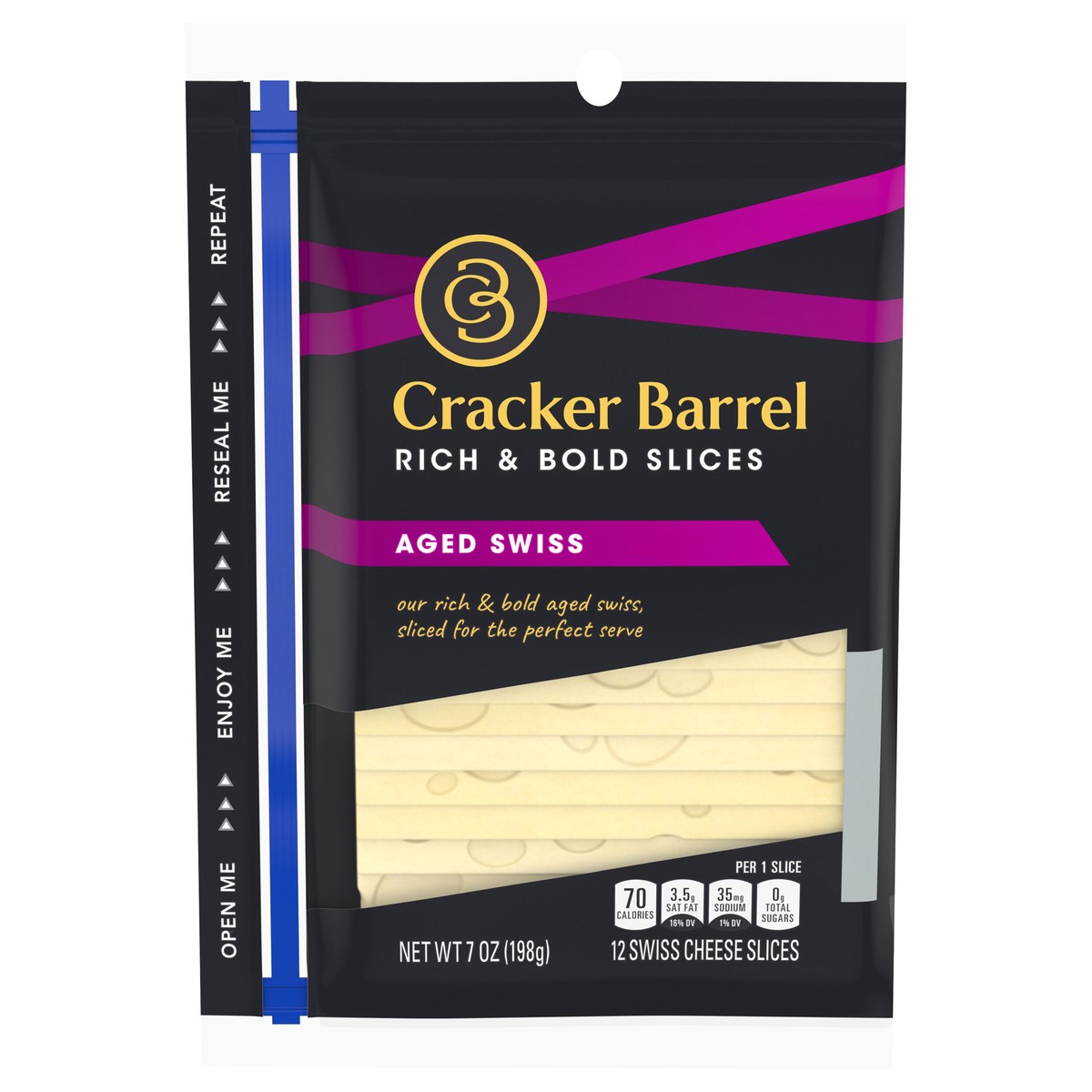 slide 1 of 9, Cracker Barrel Aged Swiss Cheese Slices, 12 ct - 7.0 oz Zip Pak, 12 ct