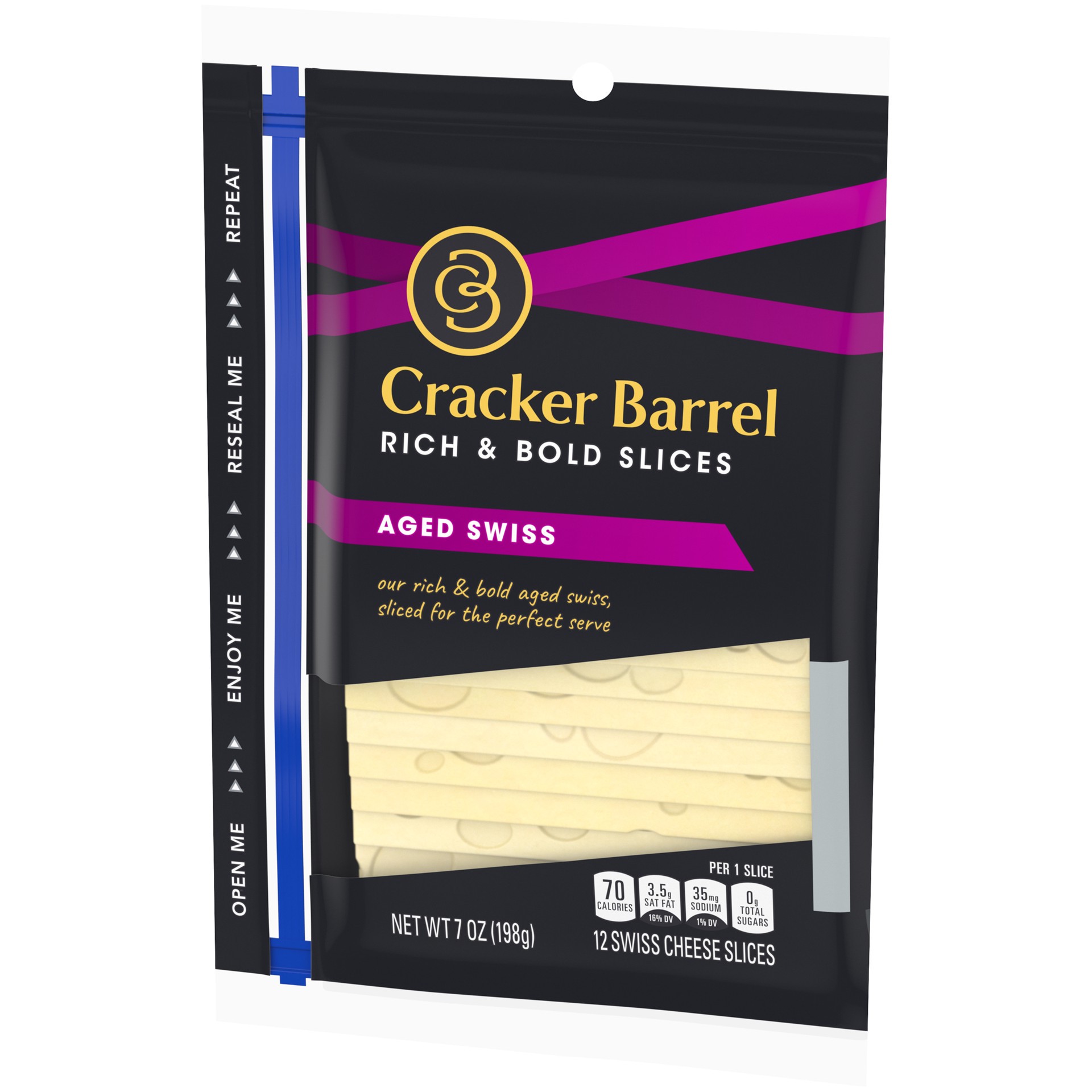 slide 2 of 9, Cracker Barrel Aged Swiss Cheese Slices, 12 ct - 7.0 oz Zip Pak, 12 ct