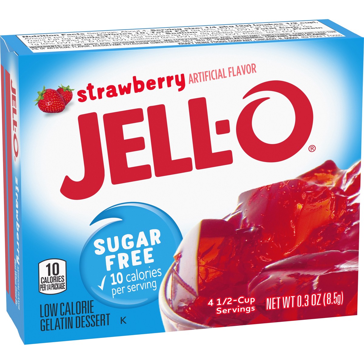 slide 6 of 9, Jell-O Strawberry Artificially Flavored Zero Sugar Low Calorie Gelatin Dessert Mix, 0.3 oz Box, 0.3 oz