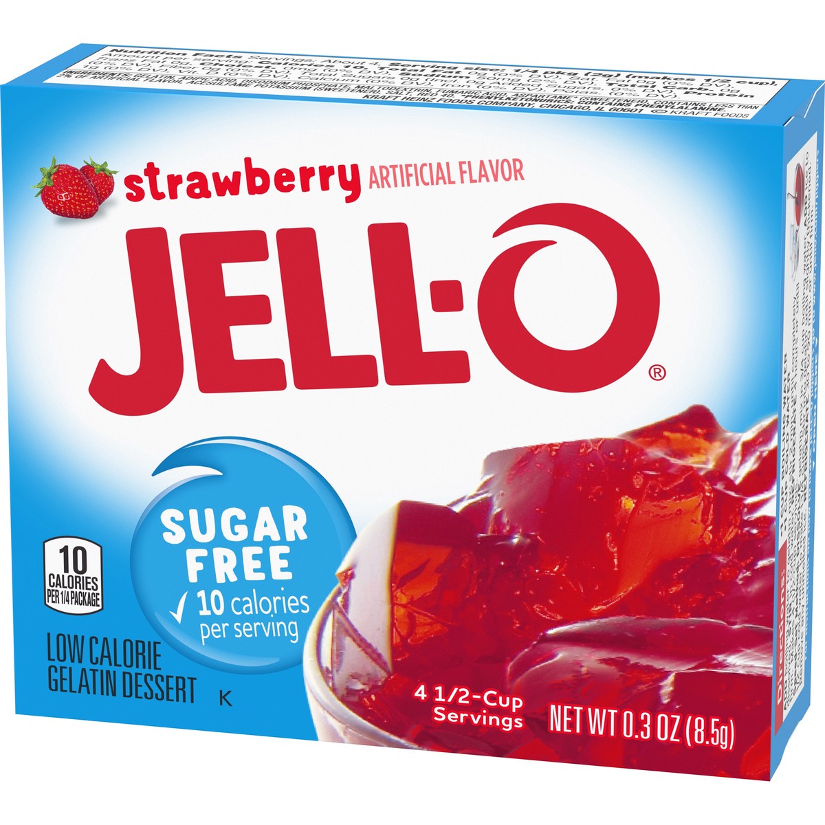 slide 8 of 9, Jell-O Strawberry Artificially Flavored Zero Sugar Low Calorie Gelatin Dessert Mix, 0.3 oz Box, 0.3 oz