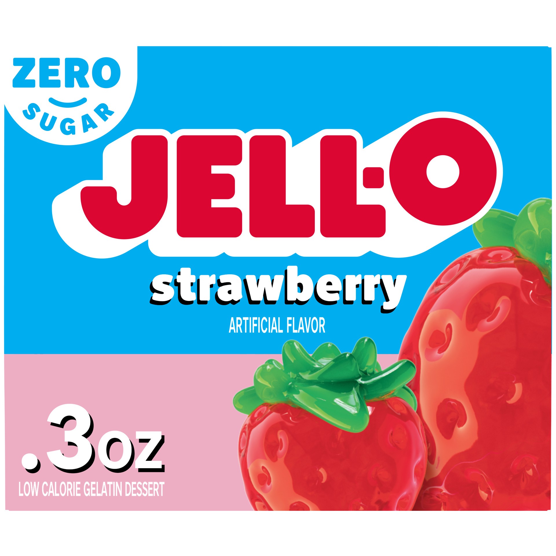 slide 1 of 9, Jell-O Strawberry Artificially Flavored Zero Sugar Low Calorie Gelatin Dessert Mix, 0.3 oz Box, 0.3 oz