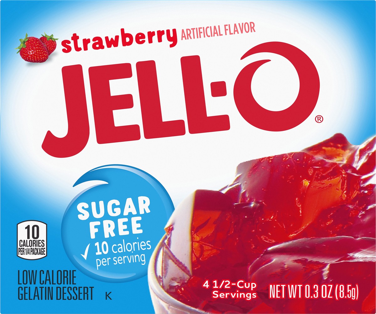 slide 3 of 9, Jell-O Strawberry Artificially Flavored Zero Sugar Low Calorie Gelatin Dessert Mix, 0.3 oz Box, 0.3 oz