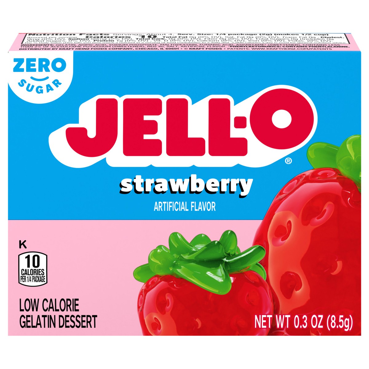 slide 1 of 9, Jell-O Strawberry Artificially Flavored Zero Sugar Low Calorie Gelatin Dessert Mix, 0.3 oz Box, 0.3 oz