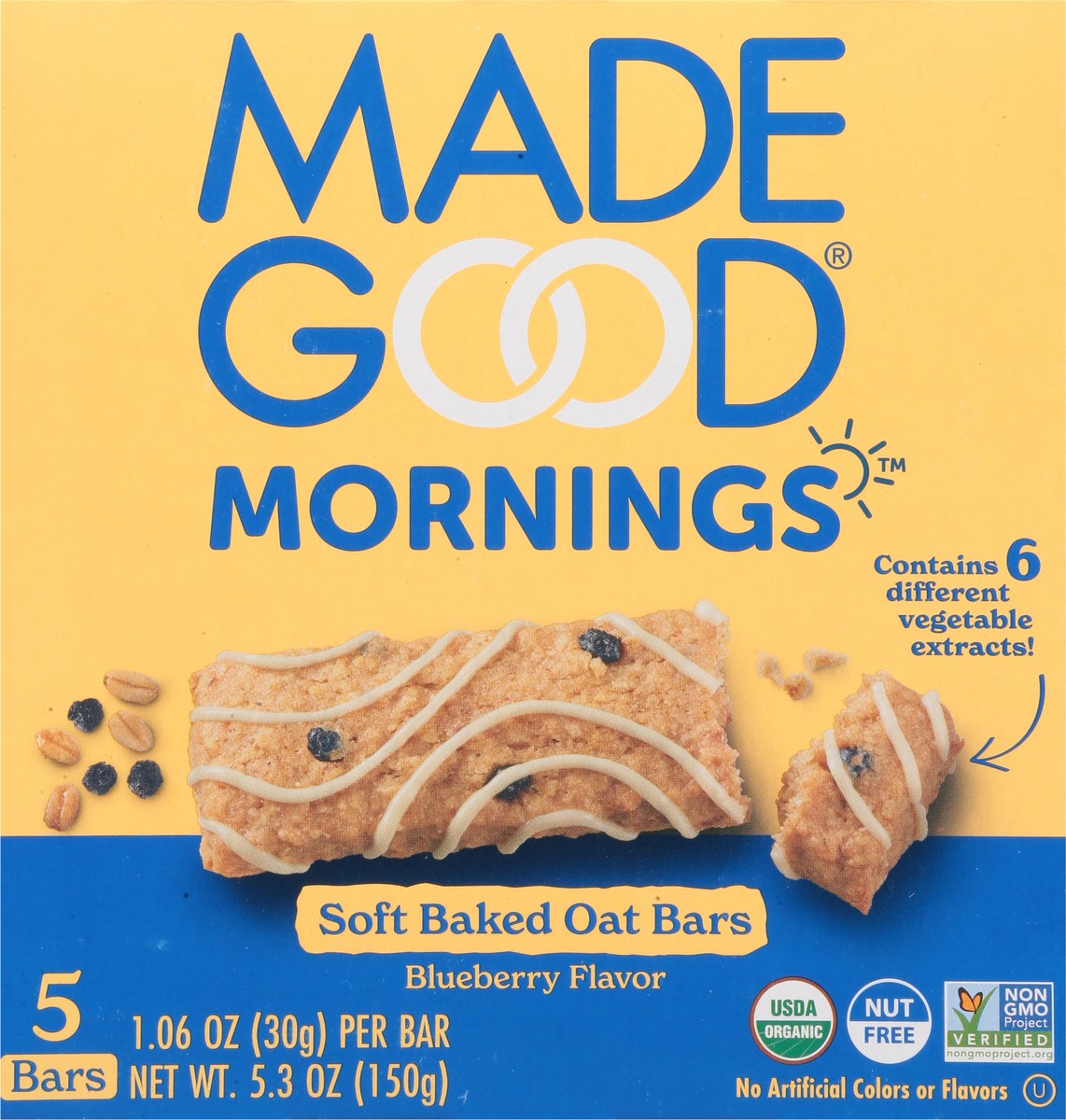 slide 9 of 9, MadeGood Mornings Soft Baked Blueberry Flavor Oat Bars 5 - 1.06 oz Bars, 1.06 oz x 5 ct