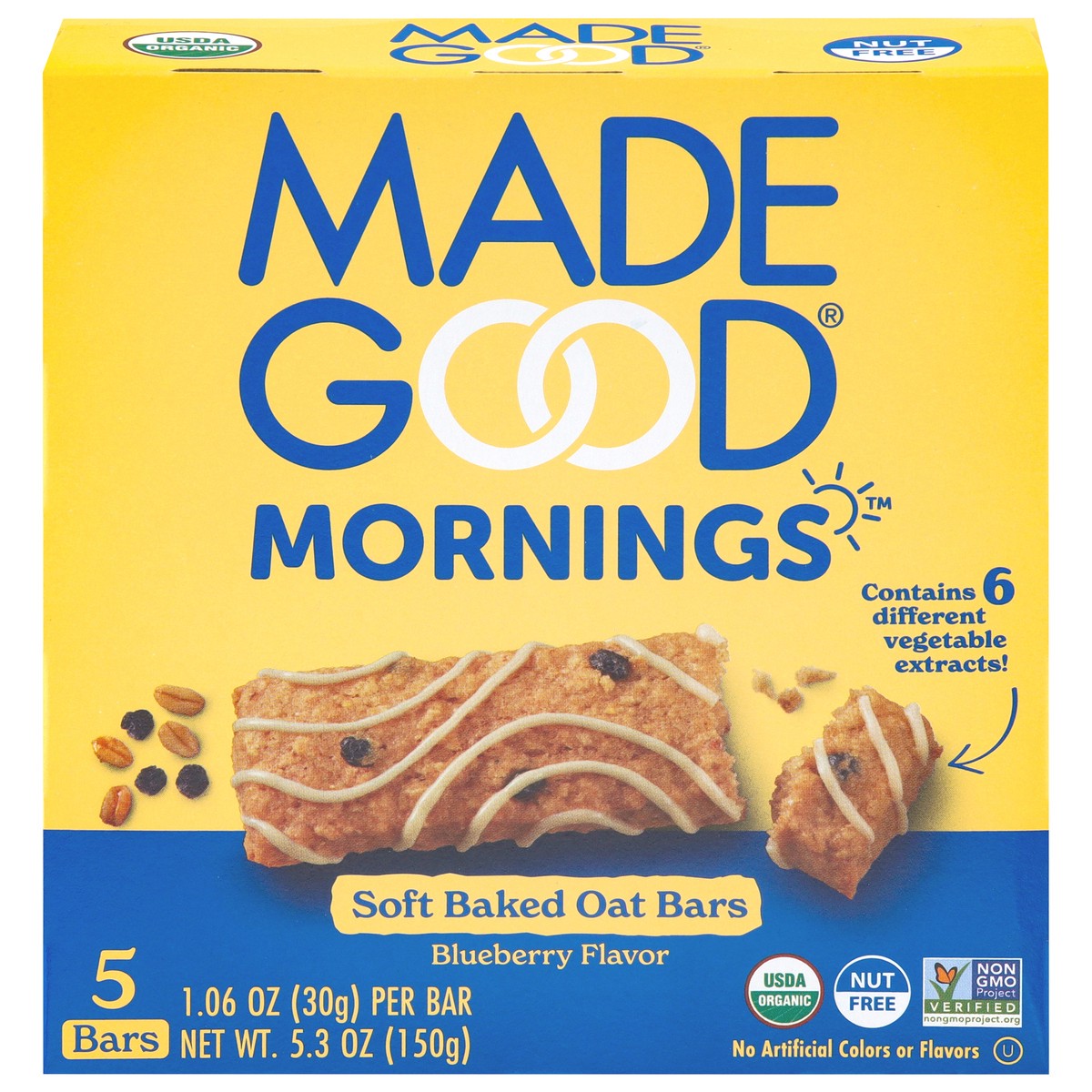 slide 1 of 9, MadeGood Mornings Soft Baked Blueberry Flavor Oat Bars 5 - 1.06 oz Bars, 1.06 oz x 5 ct