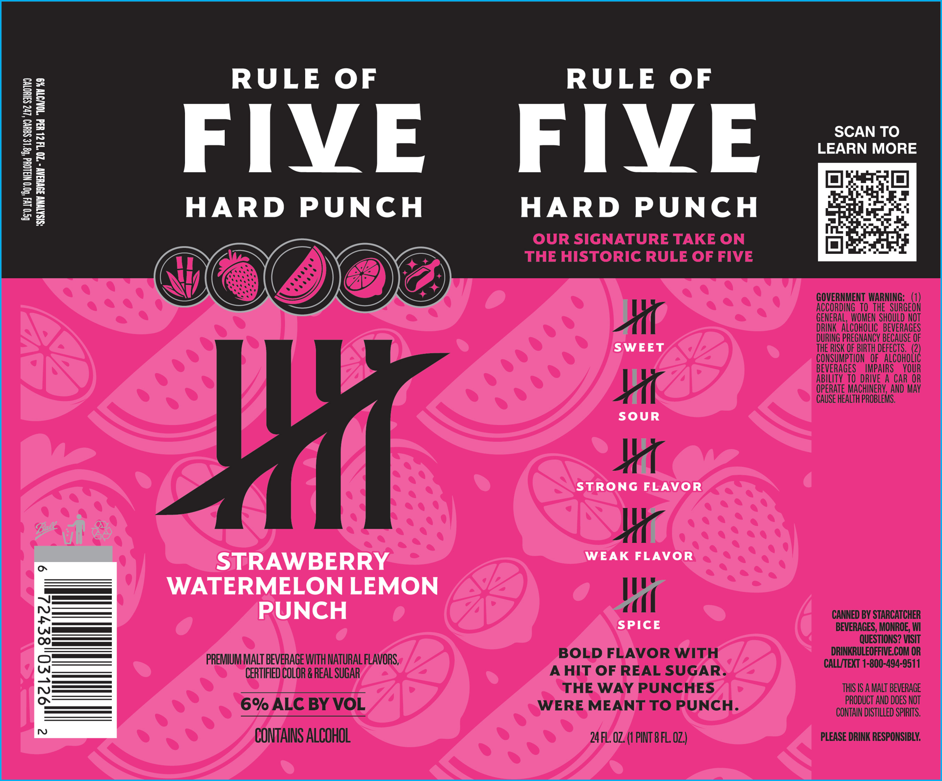 slide 2 of 2, Rule of Five Hard Punch Strawberry Watermelon Lemon Punch Flavored Malt Beverage, 24 fl. oz. Can, 6% ABV, 24 fl oz