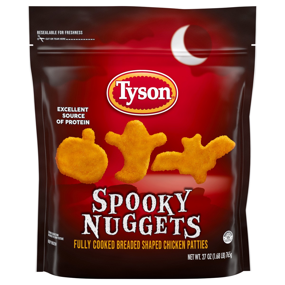 slide 9 of 12, Tyson Fully Cooked Spooky Nuggets Breaded Shaped Chicken Patties, 27 oz Bag, 765.44 g