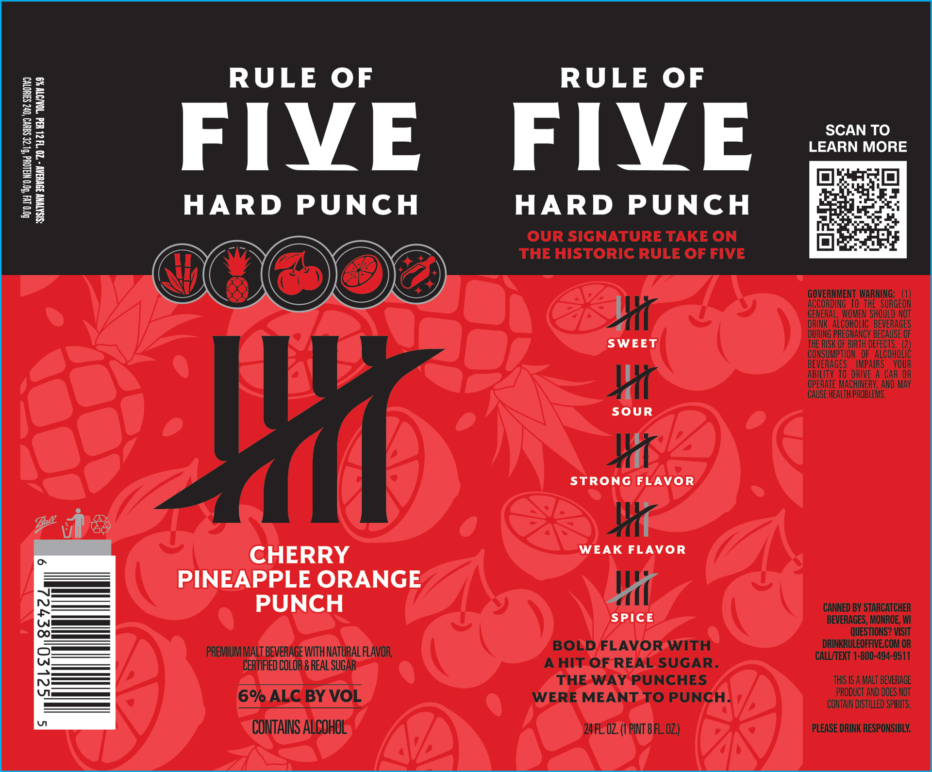 slide 2 of 2, Rule of Five Hard Punch Cherry Pineapple Orange Punch Flavored Malt Beverage, 24 fl. oz. Can, 6% ABV, 24 fl oz